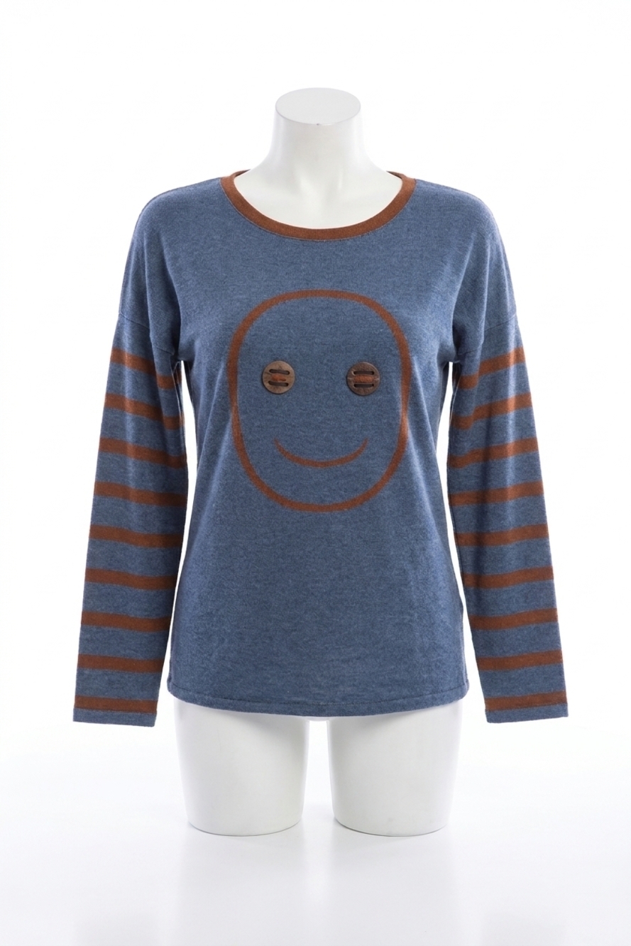 NEW ANGEL wood button smiley face pullover in denim/mocha